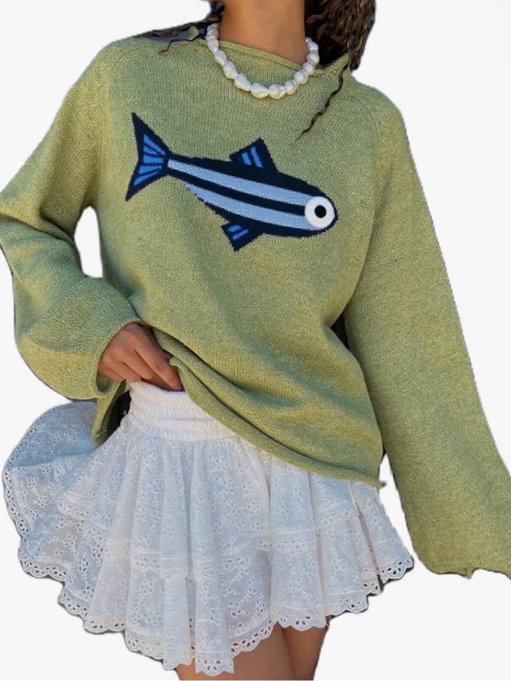 NWOT Women's Crewneck Sweater with Blue Fish Motif